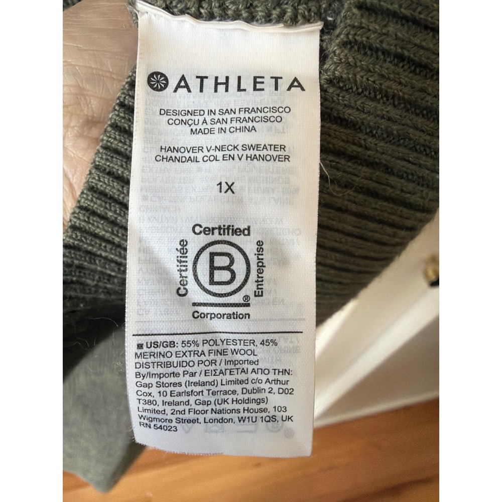 Athleta Hanover V-Neck Sweater Womens 1X Olive Green Merino Wool Blend High-Low - Picture 5 of 7